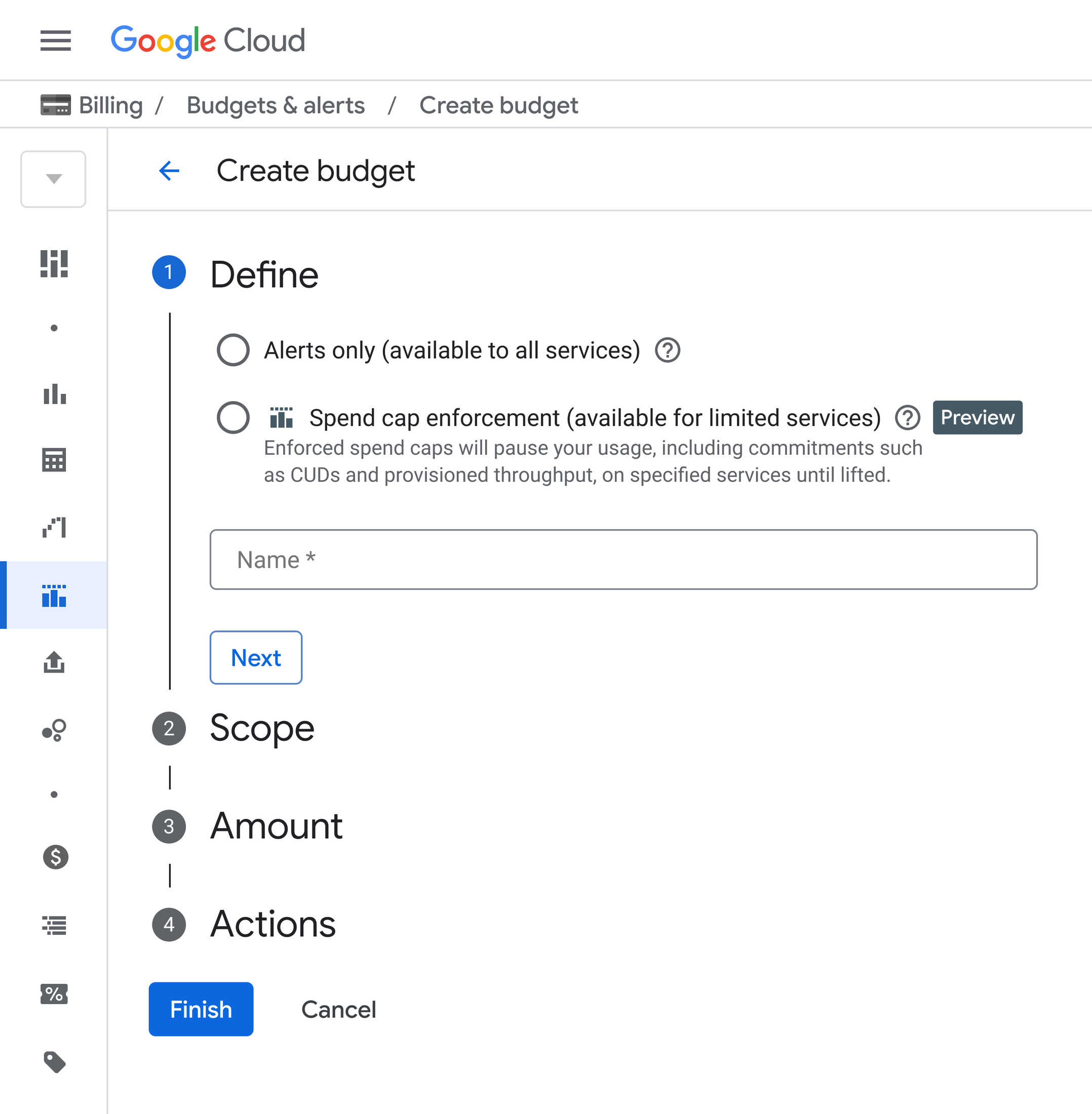 Tela do Google Cloud Budgets com a opção Spend Cap selecionada na configuração de orçamento