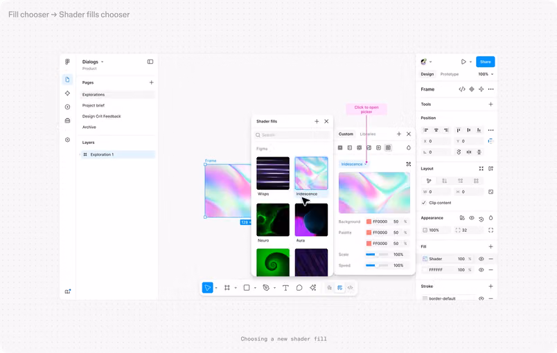 Interface do Figma com um shader iridescente aplicado como preenchimento