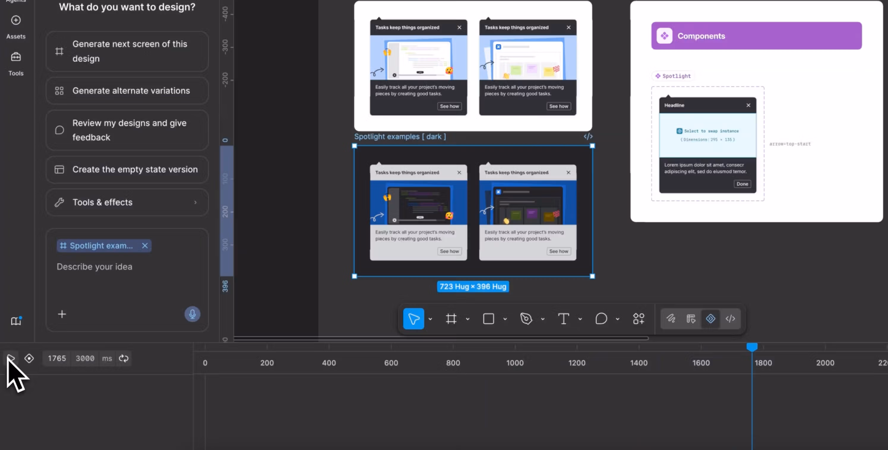 Interface do Figma Motion com canvas de design, painel do agente e timeline de animação