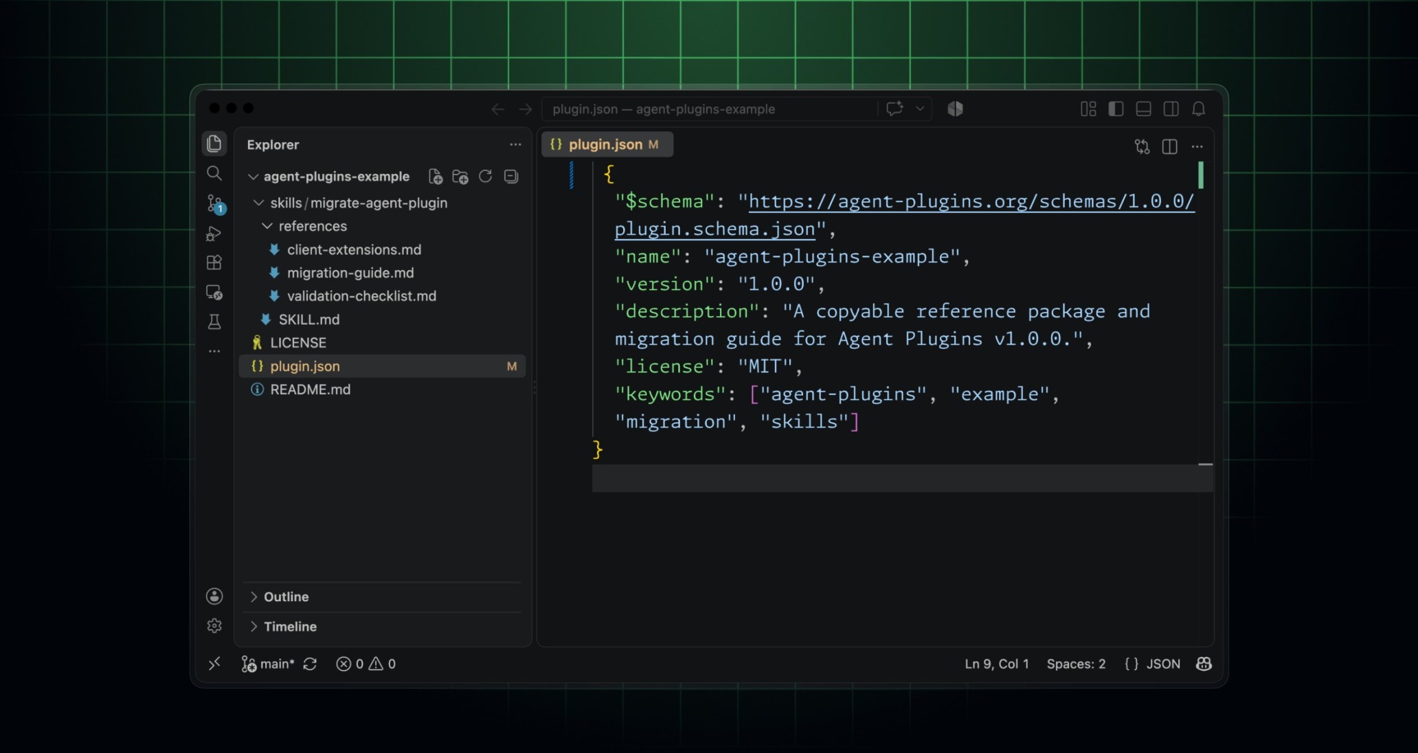 Manifest plugin.json de um pacote Agent Plugins 1.0 aberto no VS Code