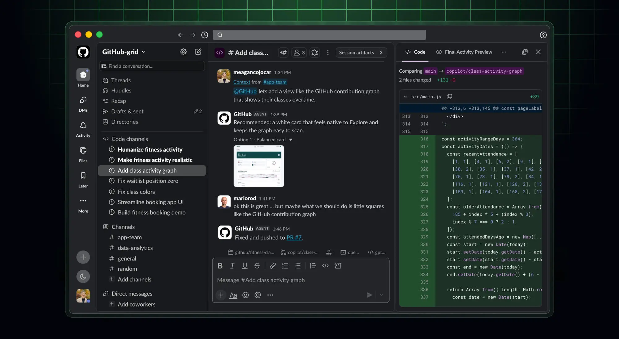 GitHub Copilot trabalhando com uma equipe em um canal de código do Slack