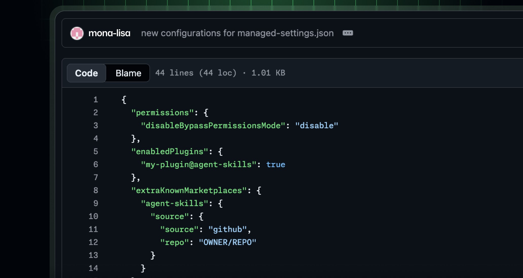 Exemplo de arquivo managed-settings.json para políticas empresariais do Copilot no JetBrains