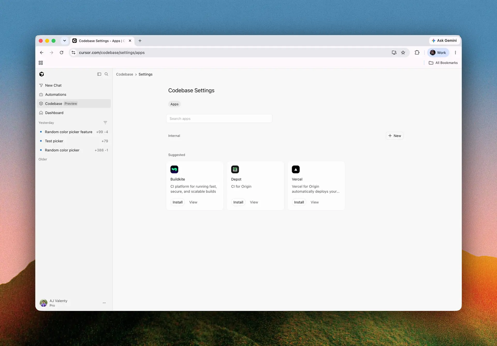 Integrações Vercel, Depot e Buildkite conectadas a um repositório no Cursor Origin
