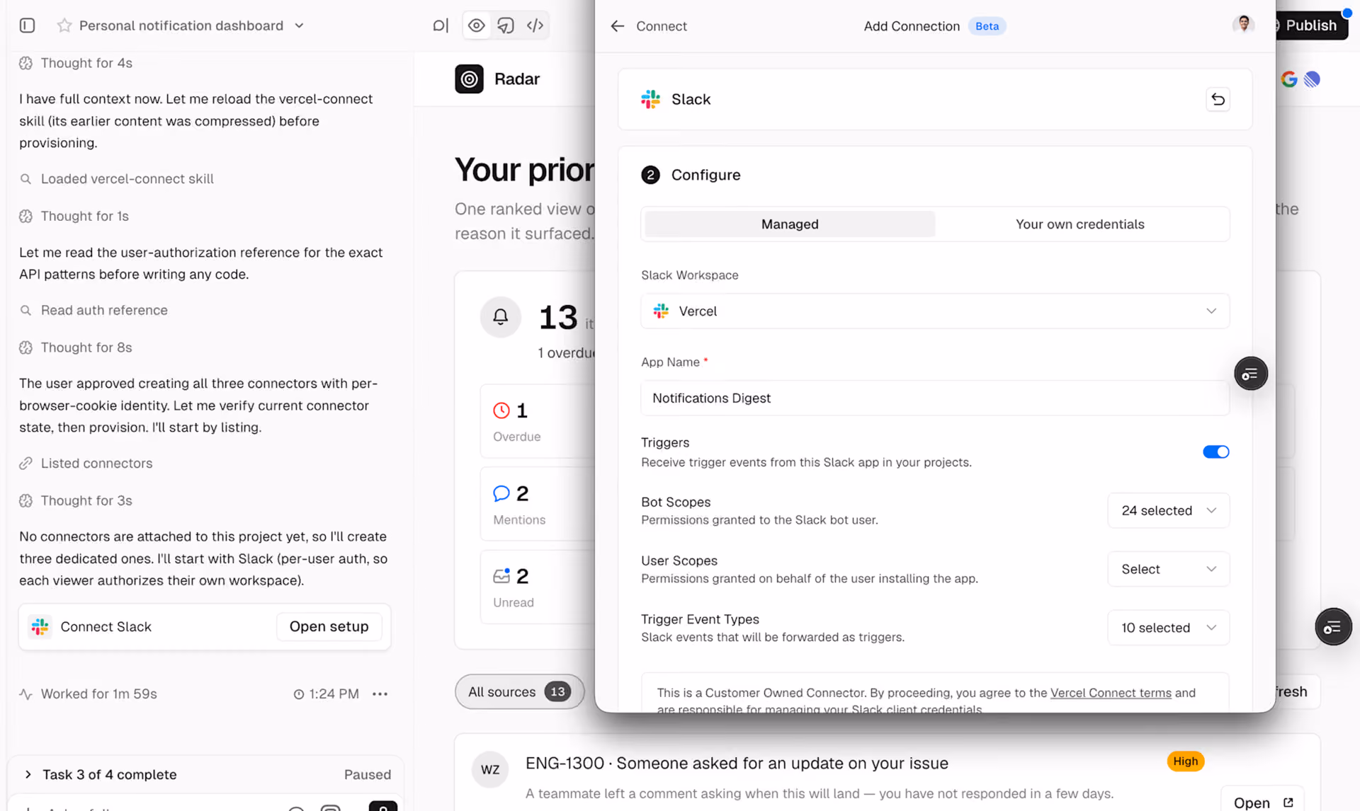 Tela do v0 configurando um conector do Slack para um dashboard pessoal