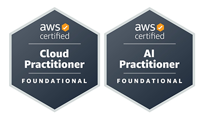 Selos oficiais AWS Certified AI Practitioner e AWS Certified Cloud Practitioner