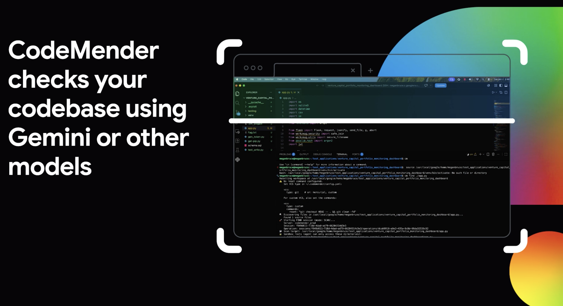 Visão do CodeMender analisando uma base de código em um ambiente de desenvolvimento